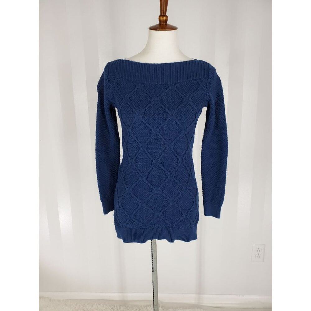 LOFT Blue Cable Knit Boat Neck Cottagecore Tunic Sweater Sz XS